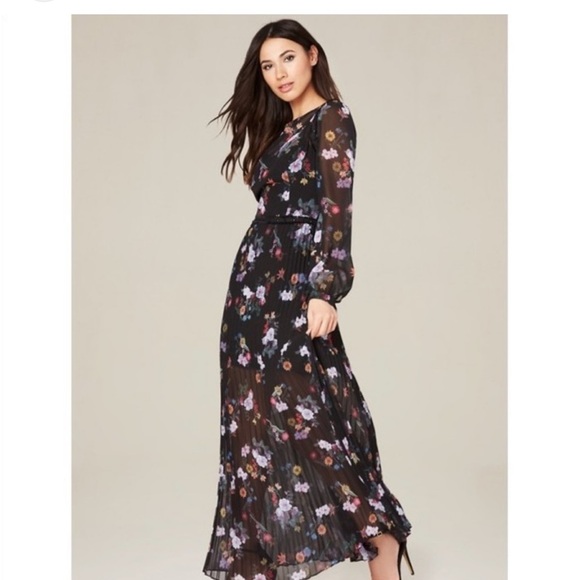 Bebe black pleaded midi floral print dress size 6 - Picture 1 of 16